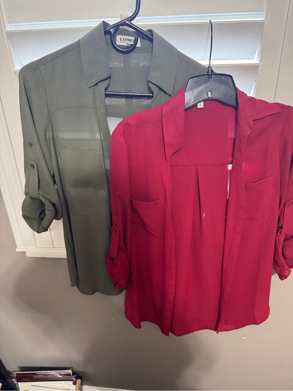 Express Lightweight Button-Down Blouses in Olive and Red
